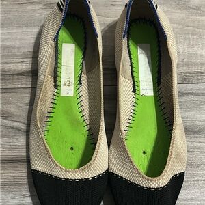 Rothy's Black and Cream Flats with Blue Stitching